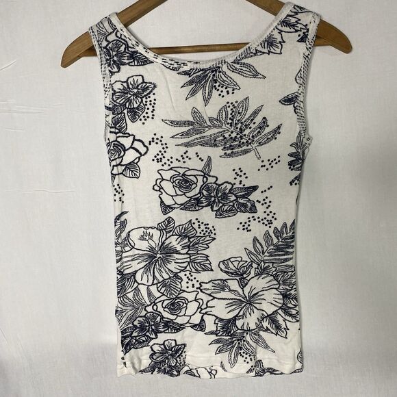 JASMINE KC Tank Top Floral Beaded Sequin Ribbed Stretchy Womens S White Black - Picture 2 of 9